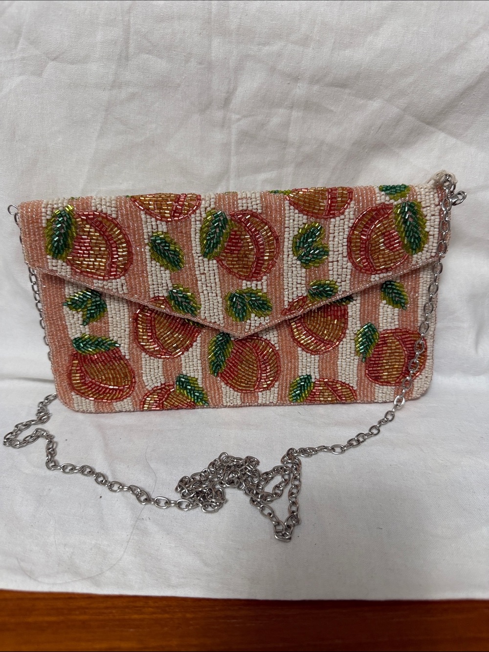 Hand-Beaded Peach Motif Envelope Clutch in Cream and Peach